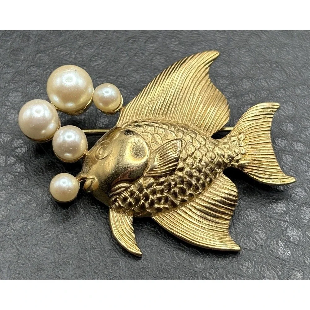 Vintage Fish Brooch Faux Pearl Bubbles Modernist Gold Tone Statement